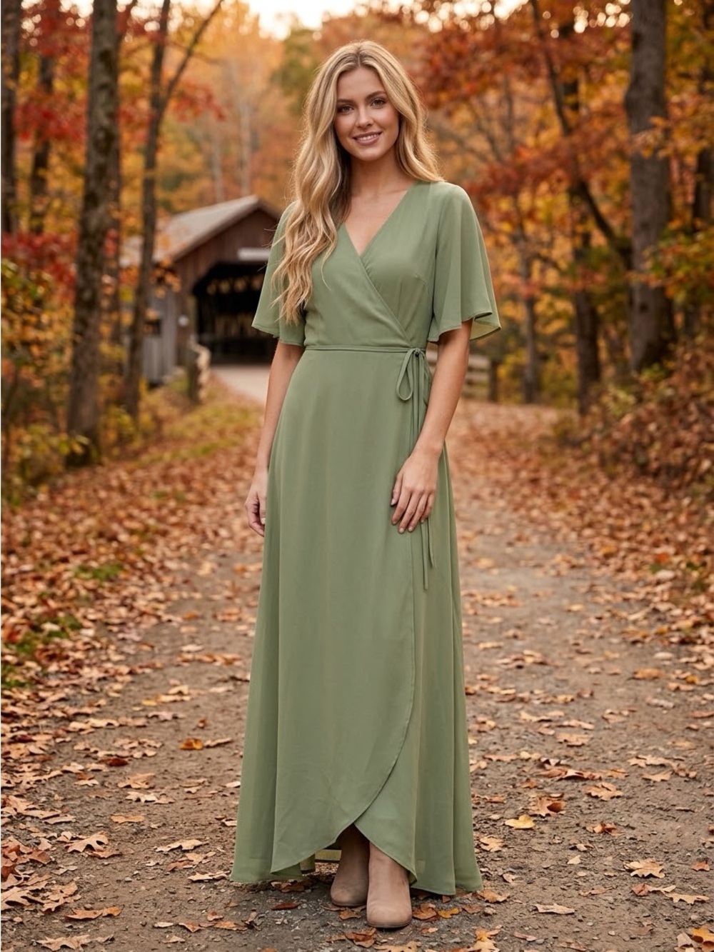 BALTIC BORN Olive Green Flutter Sleeve Wrap Maxi Dress Tie Waist Flowy